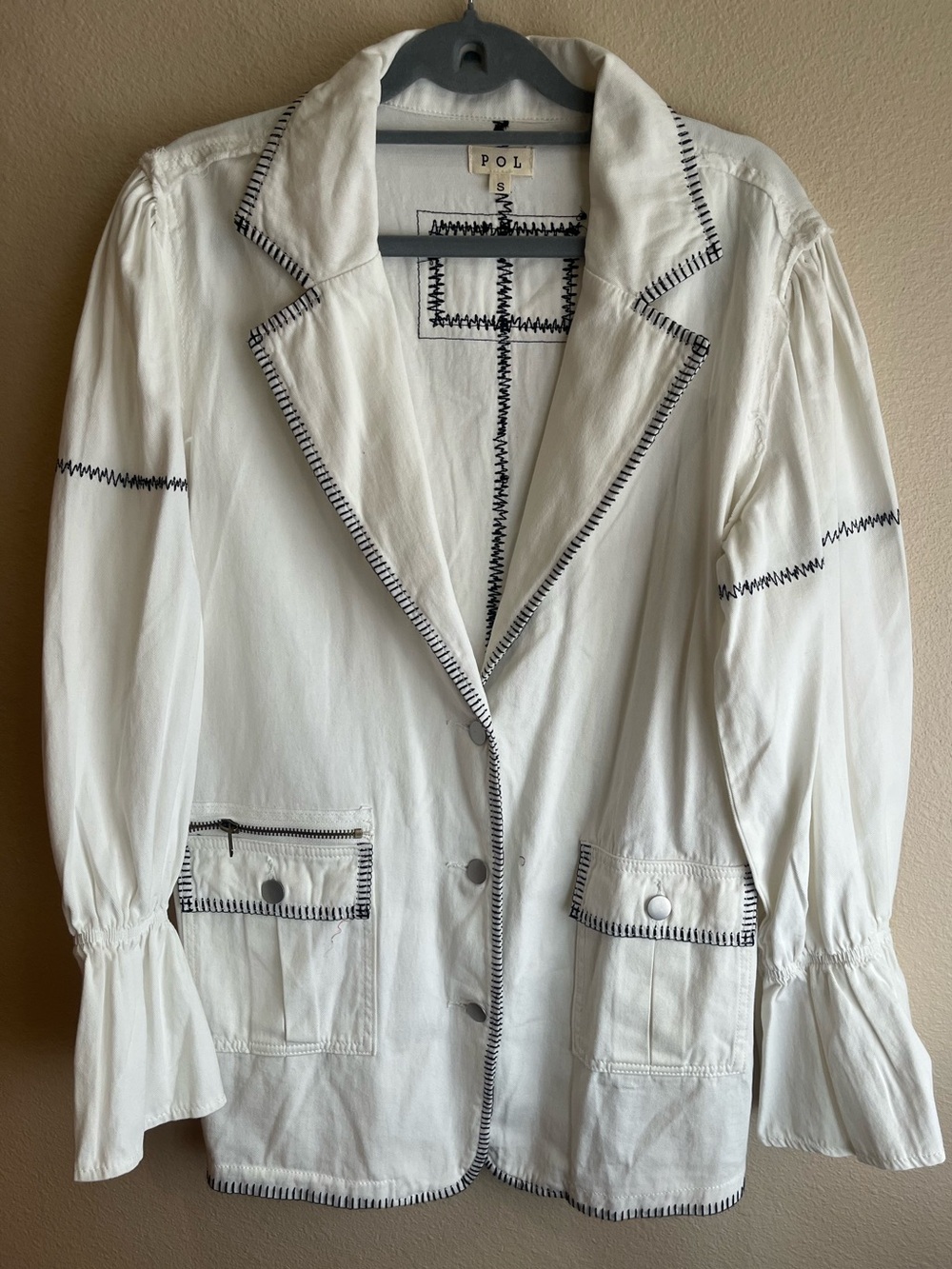 POL White Cotton Blazer with Black Zigzag Topstitching